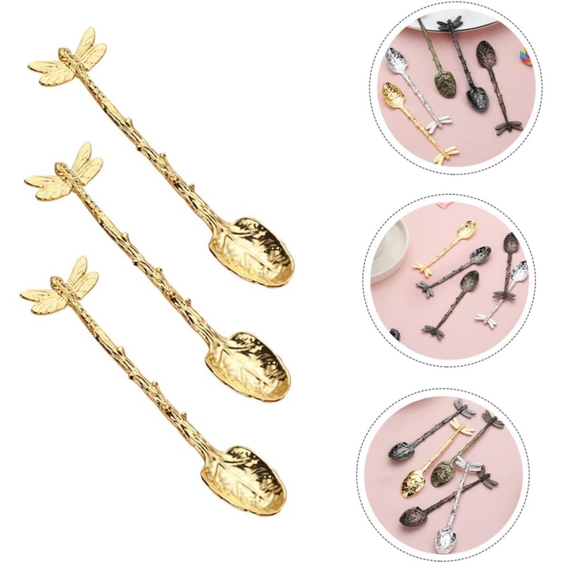 Fokmuaex 3-Piece Retro Forest Style Gold Parfait and Coffee Spoons