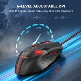 TECKNET Wired Gaming Mouse, 8000 DPI Adjustable Optical Sensor USB Computer Mouse, 6 Programmable Buttons & 6 Chroma RGB Backlit, Ergonomic Mice for Laptop Desktop PC/Mac Mouse - Red