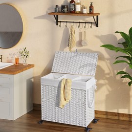 Greenstell Laundry Hamper with Wheels&Lid,130L Large 3 Sections Clothes Hamper with 2 Types Removable Liner Bags, 5 Mesh Laundry Bags, Handwoven Divided Laundry Basket White