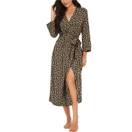 PrinStory Women's Bathrobe, Lightweight, 3/4 Sleeve, Dressing Gown, V-Neck, Kimono Robe, Long Sleepwear, Leopard Khaki