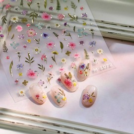 1 Sheet Flower Nail Art Stickers 3D Self-Adhesive Embossed Decals Spring Nail Stickers Decor Petals Decals Colorful Flower Designs Spring Summer Floral Nail DIY Art Accessories for Women Girls