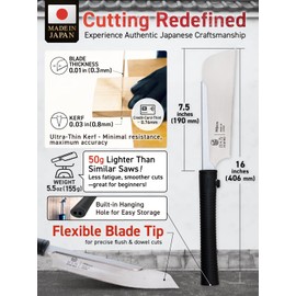 HIBINO Japanese Pull Saw 7.5” Kataba Hand Saw | Fine Crosscut Teeth | Lightweight, Single-Edge Blade for Precision Woodworking, Joinery & Detail Projects | Replaceable Blade | Made in Japan