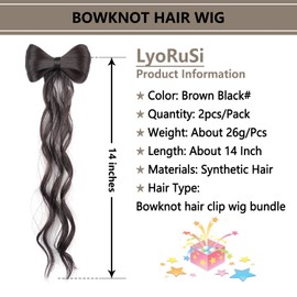 LyoRuSi 2 Pack Bowknot Synthetic Hairpiece 14 Inch Ponytail Extension Curly Wavy Hairpieces Bow Alligator Clip Extension Natural Curly Ponytail Hair Extension Party Hair Styling Brown Black#