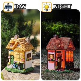 Vlyrofea Rustic Thatched Flower Shop Resin Cottage – Fairy House Garden Statues Outdoor, Solar-Powered Warm Lights,Weatherproof, Spring Vines & Bicycle Décor,Perfect Home Gifts for Mom Wife Grandma
