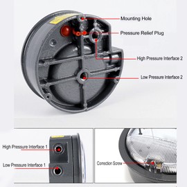 Differential Pressure Gauge Aluminum Durable High Precision Differential Pressure Gauge Clear Vision 1/8" NPT Female Thread for Measuring