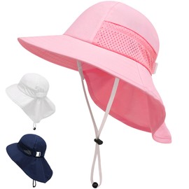 JinBei Unisex Baby Sun Hat Children's Summer Hat UV Protection 50+, Toddler Breathable Beach Hat with Neck Protection and Wide Brim, Beach Hat Adjustable Ties Girls Boys Summer Hat, pink