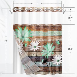 Nesphy No Hook Vintage Farmhouse Shower Curtain with Snap in Fabric Liner Set, Green Daisy Floral and Butterfly on Wooden Double Layers Waterproof with See Through Top Bath Curtain 71x74 Inch