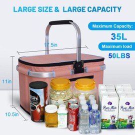 LIQING 35L Large Picnic Basket, Shopping, Travel, Camping Grocery Bags, 2 Layers of Internal Pockets Leak-Proof and Insulated, Folding, Internal Support Does Not Collapse (Pink)