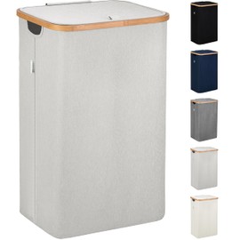 LONBET Laundry Basket with Lid, Made from Breathable Fabric | Aesthetic Clothes Hampers for Laundry with Side Handles & Sturdy Bamboo Frame (26 Gallons - Single, Light Gray)