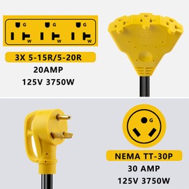 HOZHEM 30 Amp to 20 Amp Adapter 110V RV Distribution Adapter, NEMA TT-30P Male to 3X 5-15R/5-20R Female, ETL Listed RV Generator Household Outlet, 1.6 FT
