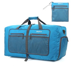 Bekahizar 60L Lightweight Foldable Travel Bag Large Weekender Overnight Bags Packable Travel Luggage Sports Bag Travel Duffel Hand Luggage with Shoe Compartment for Sports Travel Gym Holiday (Blue)