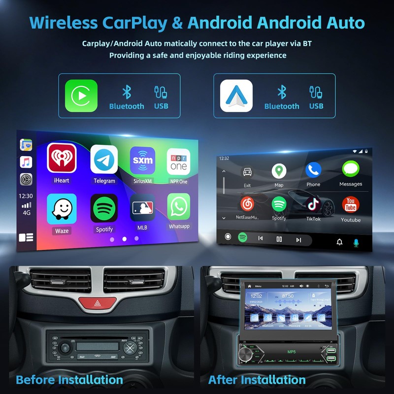 Hikity Single Din Car Stereo Wireless Carplay Android Auto, 7‘’