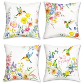 Bonhause Set of 4 Cushion Covers Spring Flowers 45 x 45 cm Colourful Flower Hummingbirds Decorative Cushion Covers for Sofa Bedroom Home Garden Decoration