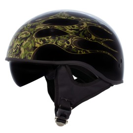 Milwaukee Leather Hot Leathers HLD1047 Gloss Black 'Camo Skull Flames' Advanced DOT Skull Half Helmet with Drop Down Tinted Visor - X-Large