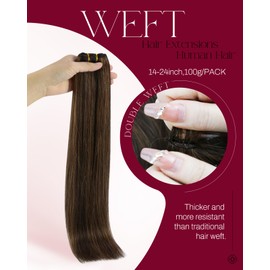 Moresoo Weft Hair Extensions Real Human Hair Darkest Brown Mixed Chestnut Brown Sew in Human Hair Extensions Double Weft Semless Remy Straight Hair Silky and Soft 24inch 100g/Pack #P2/8
