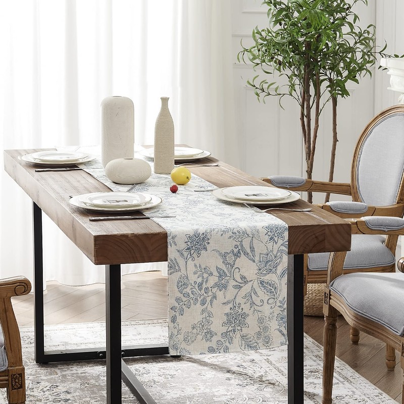 TOPICK Spring Table Runner Linen Farmhouse Table Cloth Blue Floral