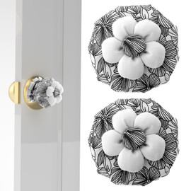 TIESOME 2 PCS Cotton Door Knob Covers with Floral, Door Knob Protector Cover Wall Protectors Reusable Washable Door Handle Cover for Round Door Handle Protection and Door Handle Decorating (Black)