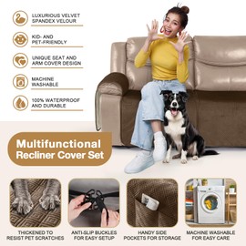 Timeles Waterproof Velvet Reclining Corner Sectional Couch Covers Extra Large L-Shaped Recliner Sofa Slipcover Without Backrest Thick Soft Washable (Light Brown, 5-Seat Set)