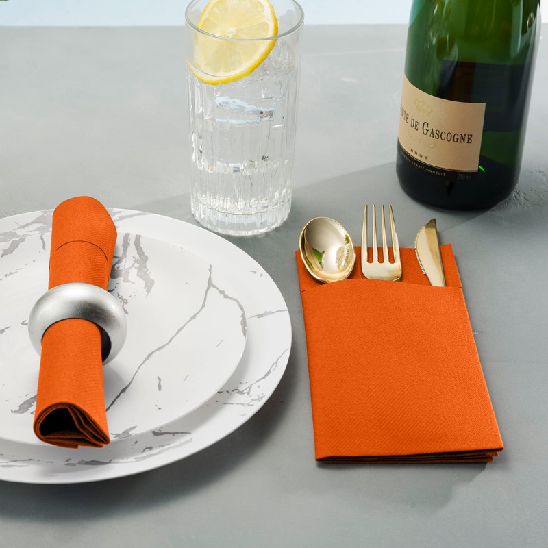 50-Pack Disposable Linen-Feel Dinner Napkins with Built-in Flatware Pocket, ORANGE