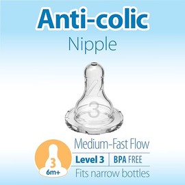 Dr. Brown's Natural Flow Level 3 Narrow Baby Bottle Nipple, Medium-Fast Flow, 6m+, 100% Silicone, 6 Count