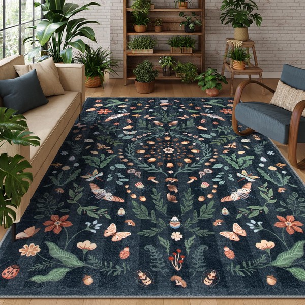 Lahome Lahome Insect Botanical Washable Black 8x10 Area Rugs for