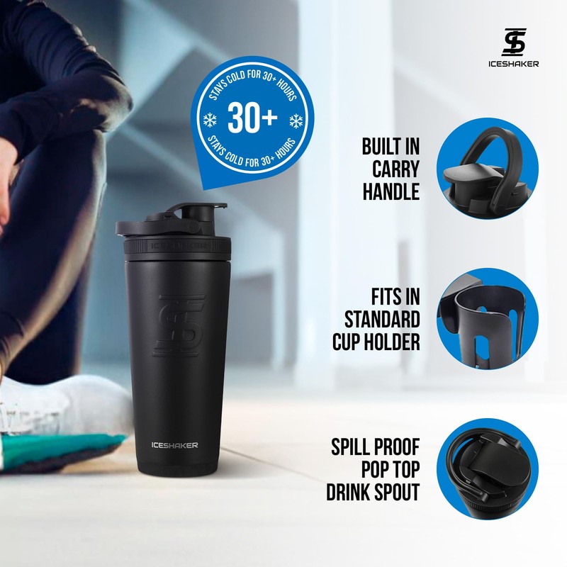 Ice Shaker Insulated Stainless Steel Shaker Bottle | 26oz, Black