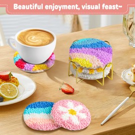 AIRDEA Punch Needle Coasters Kit,Simple Casual Punch Needle Embroidery Complete Kits for Adults Beginner 3.29x3.29 Inches,Included All Accessories,DIY Car Coasters,Drink Coasters,