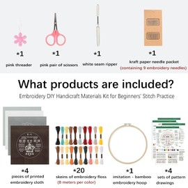 Mprocen Embroidery Kit for Beginners, 4 Leaves Flower Pattern Plant Cross Stitch Kit with 1 Bamboo Hoops Threads and Needles, Starter Tools Kit for DIY Arts, Crafts, Sewing