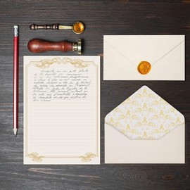XXINMOH Juego de papelería de 90 piezas con sobres (60 hojas de papel de estilo vintage + 30 sobres), papel de carta con borde dorado y sobres para ca