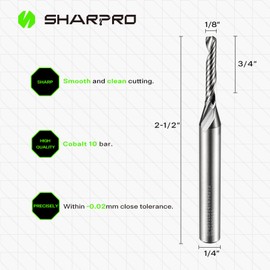 SHARPRO 1/4 Inch Shank Single Flute (O Flute) Cutter Carbide Spiral Router 1/8 Inch Cutting Diameter Carbide Single Flute CNC Router Bit, Ideal for Aluminum, Plastic, Acrylic, Wood, MDF and PVC (3PCS)