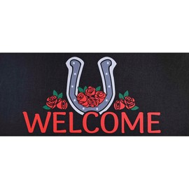 Dicksons Magnolia Garden Horseshoe Derby 22 x 10 Inch Rubber Indoor Outdoor Non-Slip Doormat Insert for Entryway, Black & Red, Welcome