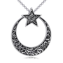 POPLYKE Moon Star Muslim Islamic Religious Pendant Necklace for Men Women Sterling Silver Religious Allah Jewelry Gift