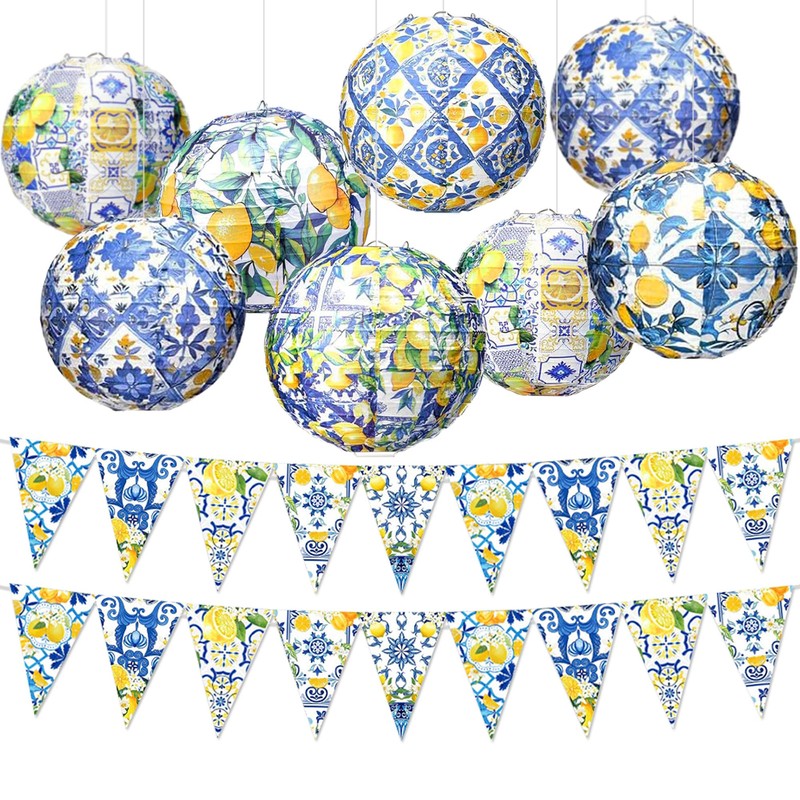 Capri Lemon Paper Lanterns Mediterranean Yellow Blue Tiles Hanging Decor
