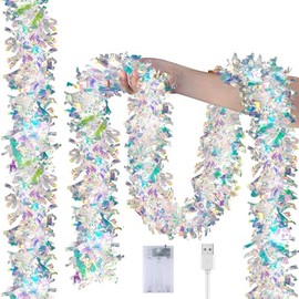 Christmas Tinsel Garland with Lights Iridescent Metallic Foil Garland 16.4FT USB & Battery Powered Shiny Streamers for Christmas Tree, Indoor Outdoor Holiday Party Decorations 2 Pack