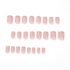 Gold Glitter French Tips Press on Nails Short Square False Nails with Designs Nude Pink Stick on Nails Glossy Summer Glue on Nails Reusable Full Cover Fake Nails for Women Girls Manicure 24Pcs