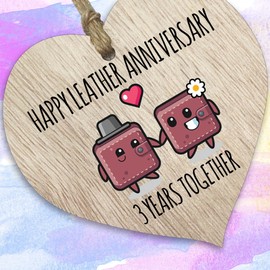 3rd Wedding Anniversary Plaque Gift for Husband Wife - 3 Years Together - Happy Leather Anniversary Wooden Heart for Women Men Partner, Light Wood Sign Keepsake Gifts
