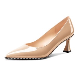 TNYNFBEB Womens Kitten Heel Pointed Toe Pumps Slip-on Sliver Beaded Prom Wedding Dress Basic Classic Patent Leather Summer 2.6 Inches Heels Beige 8 M US