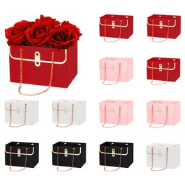 PATIKIL Paper Flower Gift Bags, 12 Pcs Paper Bouquet Flower Gift Bag with Handle Rectangle Metal Chain Tote for Florist Wedding Party Birthdays, Pink/Red/White/Black