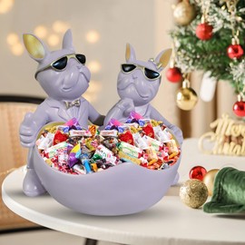 Huhote Bulldog Lovers Candy Bowl Decor，Heart-shaped Key Holder Bowl Candy Dish, Bulldog Accessories, Resin Bulldog Statue for Office Desk Home Decor Figurines Entryway Table Decor (Purple Grey)