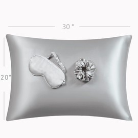 URLINENS Satin Pillowcase for Hair and Skin, Vegan Silk Pillowcase Set-2 Satin Pillowcases, 1 Eye Mask, 1 Scrunchie-Luxury Sleep Set, Silver Gray Pillow Cases Queen Size with Envelope Closure