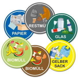 Set of 6 Waste Separation Stickers, Scratch- and Weatherproof, Finest Folia (R031), Set of 6, Round, Diameter 100 mm Each
