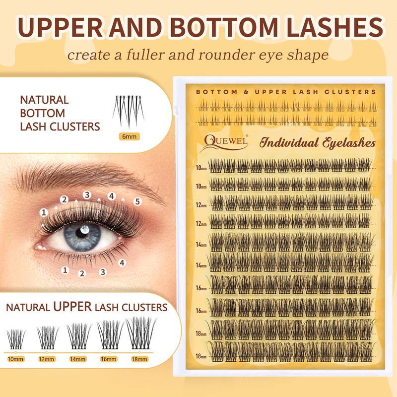 QUEWEL Eyelash Extensions with Delicate 10-18 mm Lower Cluster Lashes,