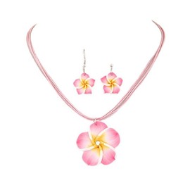 Hawaiian Plumeria Rubra Earrings Necklace Set Bohemia Tropical Flower Dangle Earrings Luau Beach Party Accessories for Women Jewelry-Pink