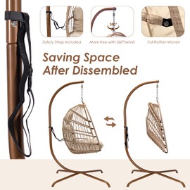 OUTPLATIO Hanging Egg Chair with Stand Outdoor Swinging Egg Chair with Water Resistant Cushions PE Rattan Wicker Egg Chair Foldable Basket for Indoor Bedroom Patio Garden 350lbs Capacity (Beige)