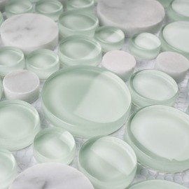 Bubbles Snow Dove Glass Mosaic Wall Tile with White Marble with Frosted and Polished 10.5x10.5 Mesh Mounted