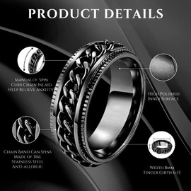 LIAN Stainless Steel Spinner Rings for Men Women Fidget Rings Chain Ring Band Rings 8mm Black/Silver 6-13