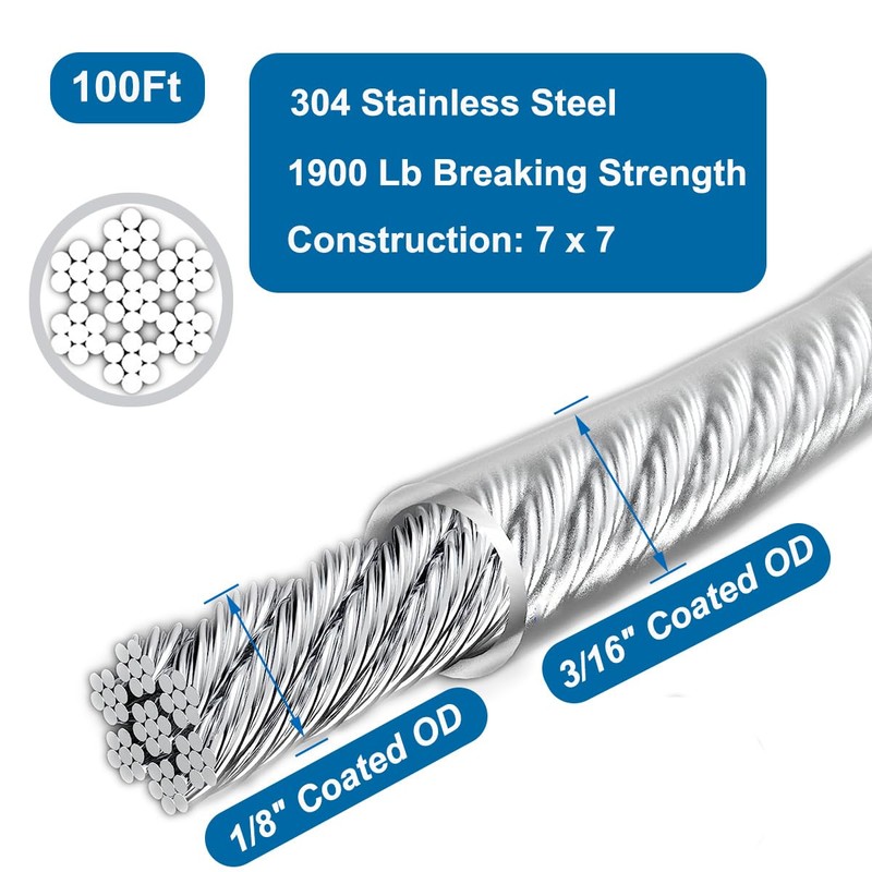 FOLUXING 100FT 3/16" Wire Rope, Vinyl Coated Aircraft Cable for