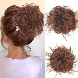 Tousled Messy Bun Hair Piece Hair Extension Ponytail With Elastic Wavy Hair Chignon Updo Ponytail Hair Extensions Synthetic Hair For Women Light Brown