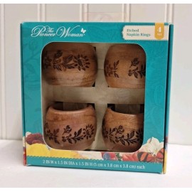 Pioneer Woman 4 Piece Etched Wooden Napkin Rings -NEW