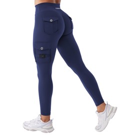 YEOREO CoreFlex Gym Workout Cargo Leggings with Pockets for Women Hidden Scrunch Butt Lifting Yoga Leggings Navy M